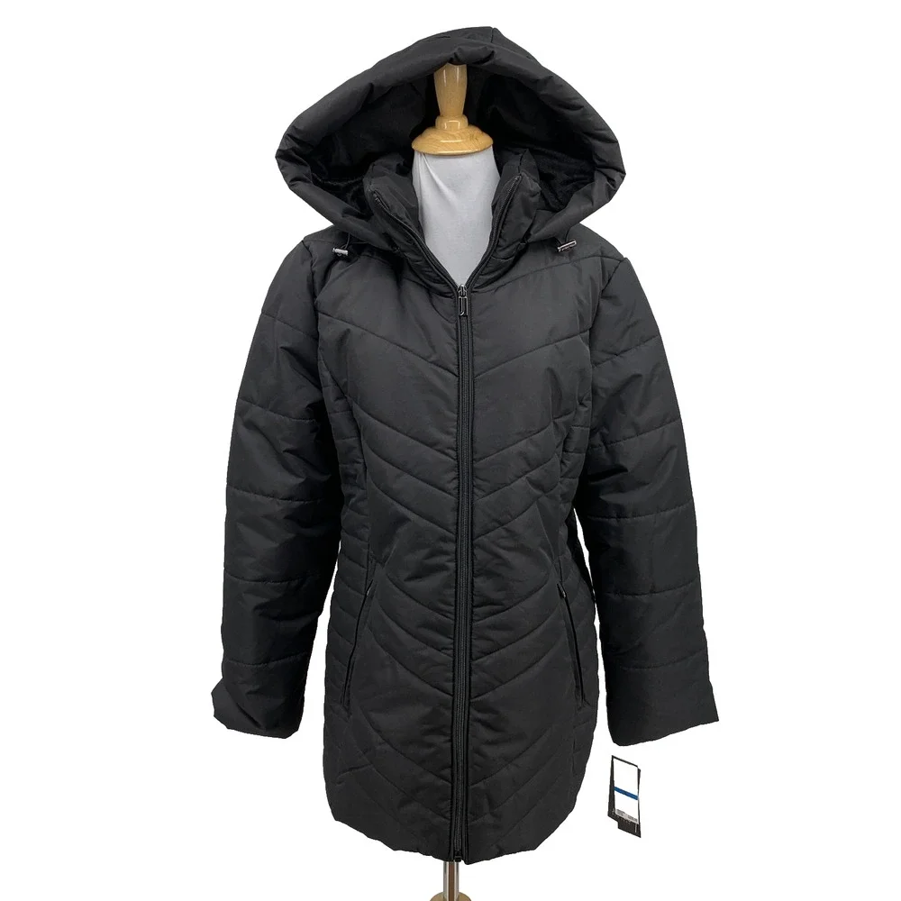 Jones New York Jacket Womens XL Extra Large Black Puffer Full Zip Long Hoodie